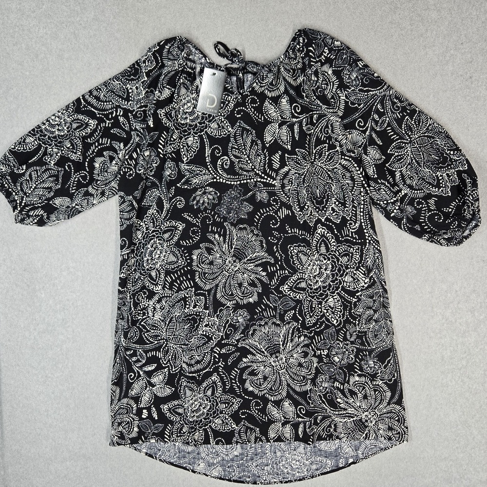 Fred David Women Dress 1X Black Floral Peasant Tie Tunic Boho NWT